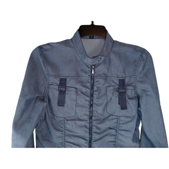 Lafayette 148 Womens Jacket Blue Ruched Utility Buckle Crew Neck Full Zip Size 8 - Picture 3 of 15